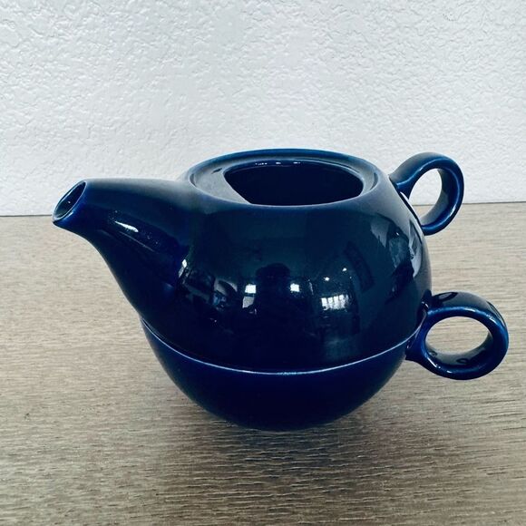 Navy Blue Japanese Glazed Ceramic Tea Mug Cup Stacked Set - Picture 2 of 9